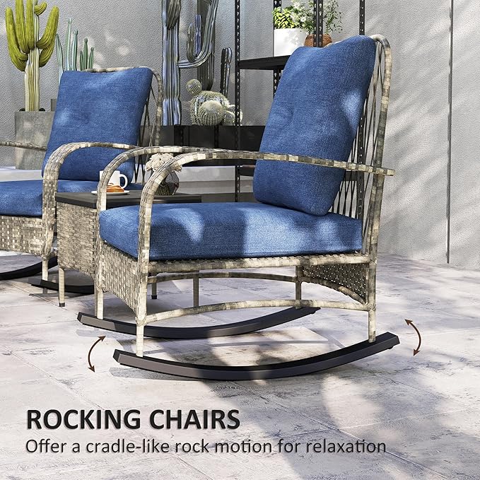 Outsunny 3 Piece Wicker Patio Furniture Set, PE Rattan Rocking Chairs