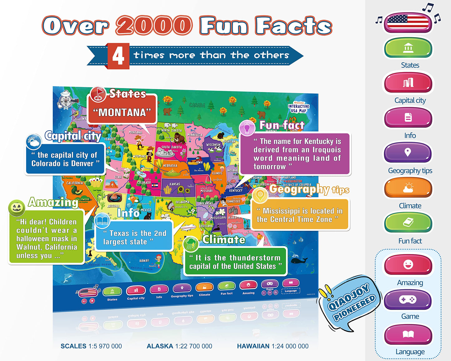 Bilingual Interactive for Kids Talking USA Map Alphabet Poster for Toddlers Learning and Educational Toys,Talking Educational Chart for Ages 3 to 12 Years Old,Learning ABC Letters for Preschool/Gift