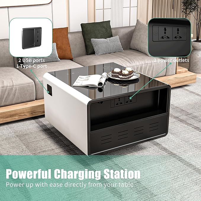 Smart Coffee Table with Fridge, Smart Center Table with Wireless Charging