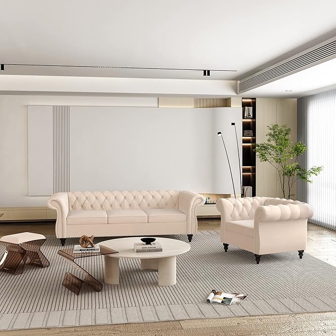 ORRD 2 Piece Living Room Set, Velvet Chesterfield Sofa Couch Chair