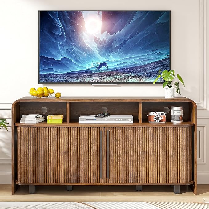 Small Fluted TV Stand for Bedroom, Mid Century Modern Media TV Console for 55