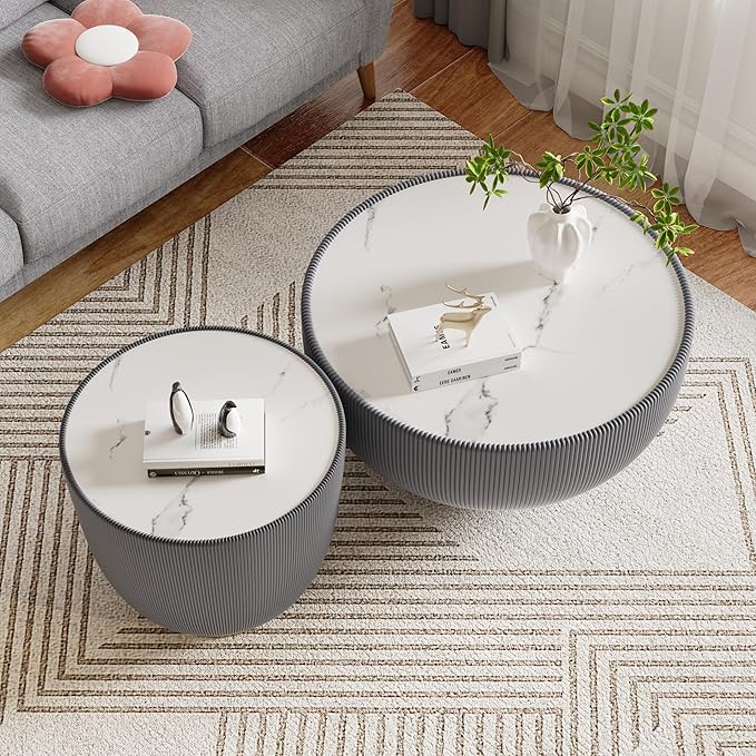 Round Marble Coffee Table Set of 2, 2 Piece White Coffee Table and End Table