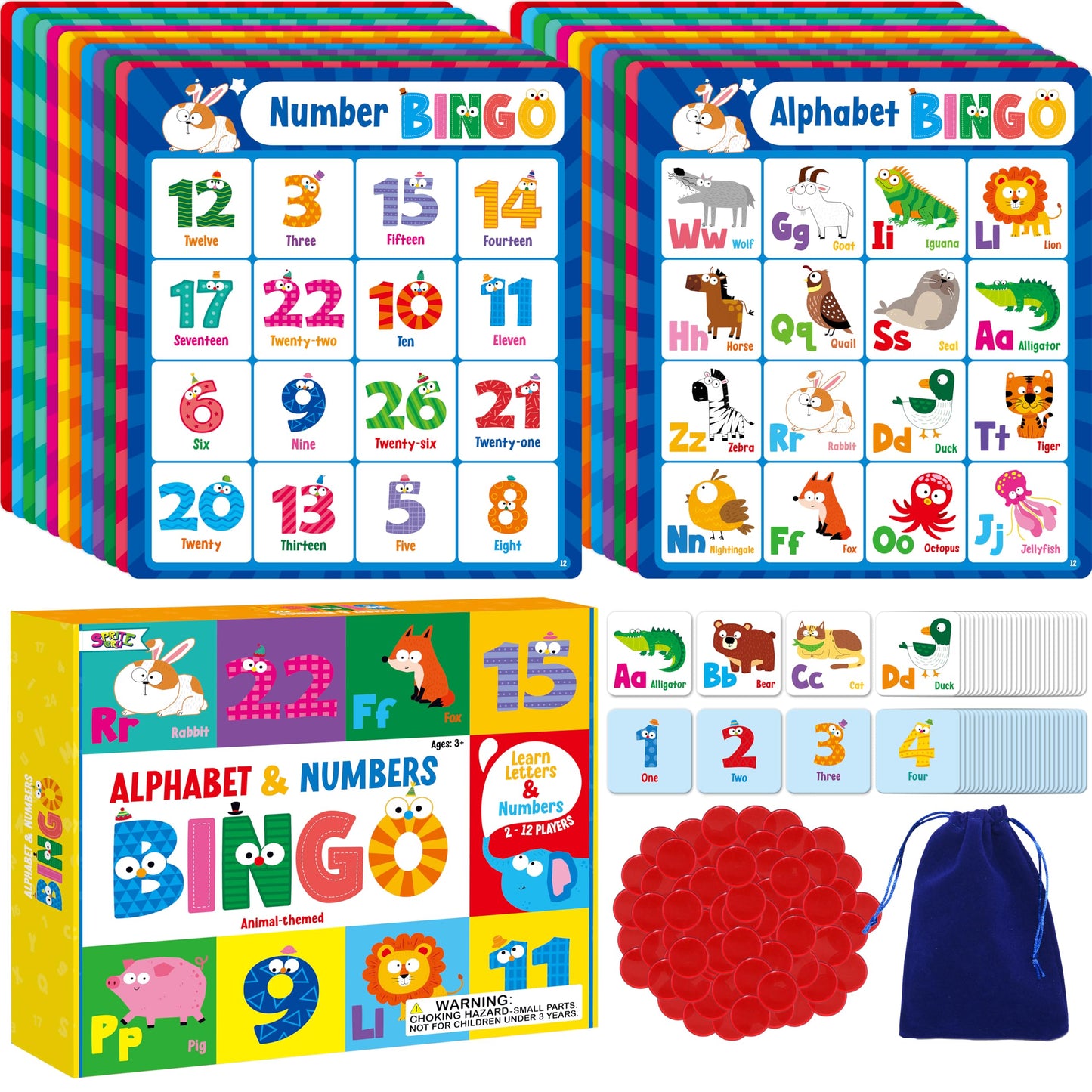 SpriteGru Alphabet Bingo Game, Uppercase/Lowercase/Number Bingo Game ABC and 123 Bingo Board Game for Kindergarten and Preschool Kids 4+, Perfect for Classroom & At Home