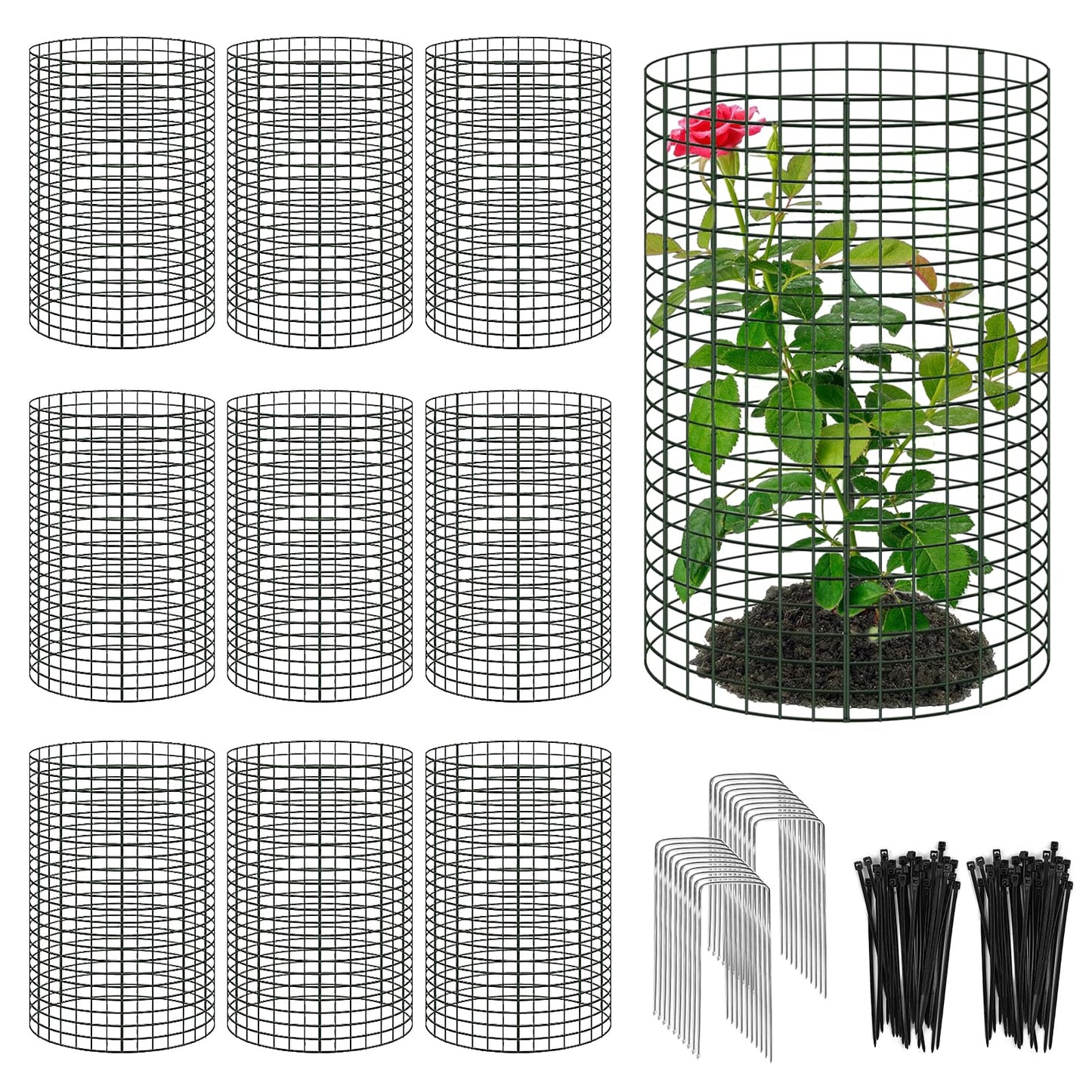 Hlimior 30 Pcs Large Wire Plant Protector from Animals 24'' x 12''10 Sets Metal Plant Cage Chicken Wire Cloche with Ground Stakes and Nylon Tie to Keep Animals Out, Garden Protection Bunny Barricade