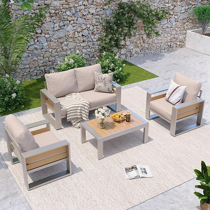 Aoxun Aluminum Patio Furniture Set, 4 Seats Luxury Metal Patio Conversation Sets