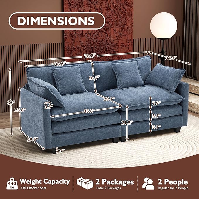 Ihanherry Cloud Sofa 77 Inch Loveseat, Modern Sectional Couch, 2-Seats Sofa