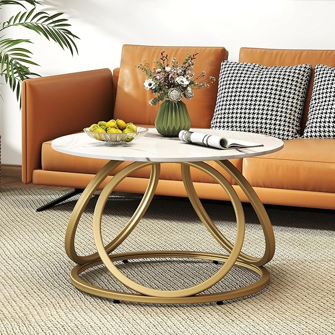 O&K FURNITURE Gold Round Coffee Table, Faux Marble Top