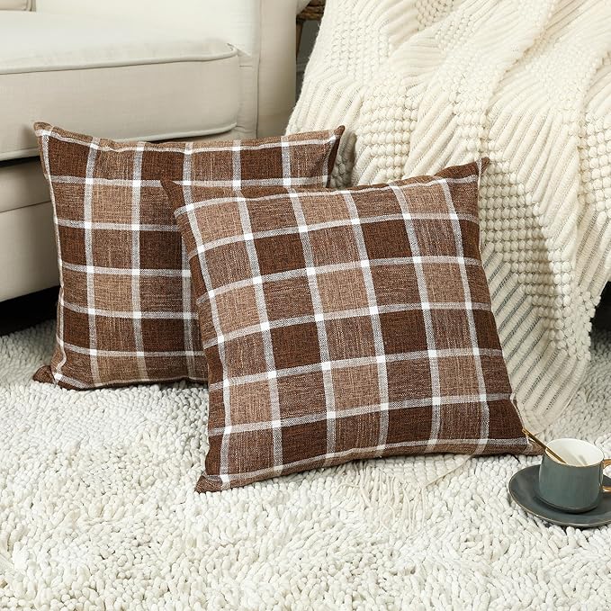 Stellhome Pack of 2 Fall Linen Buffalo Check Throw Pillow Covers, Farmhouse