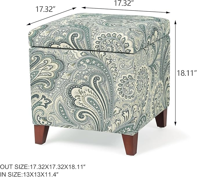 Adeco 18" Cube Storage Ottoman in Blue Paisley, Upholstered Linen Foot Stool &