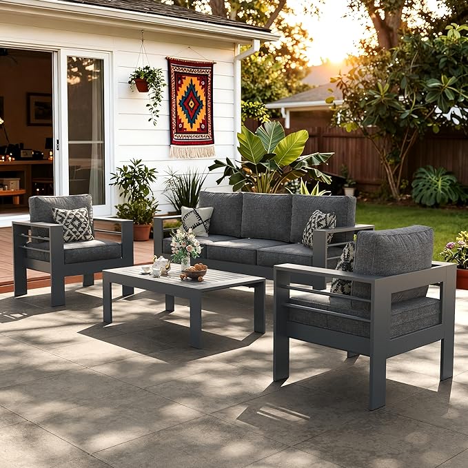 LayinSun Outdoor Aluminum Furniture Set, 4 Pieces Patio Sectional Conversation