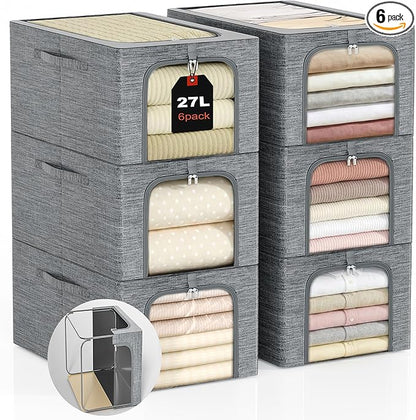 GoMaihe Baby Clothes Storage Bins with Metal Frame, 6-Pack Small Closet Storage Bin with Lid & Clear Window, Nursery Organizer for Baby Clothing, Toddler Kids Storage Boxes, Cationic Fabric 27L