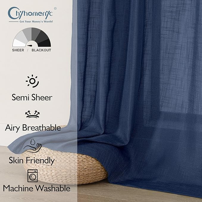 Chyhomenyc Navy Blue Semi Sheer Curtains 54 Inch Length