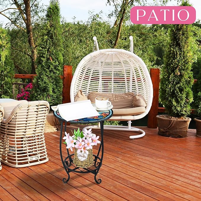 Cinnvoice Outdoor Side Table Round Small Mosaic Patio Accent Indoor End Plant