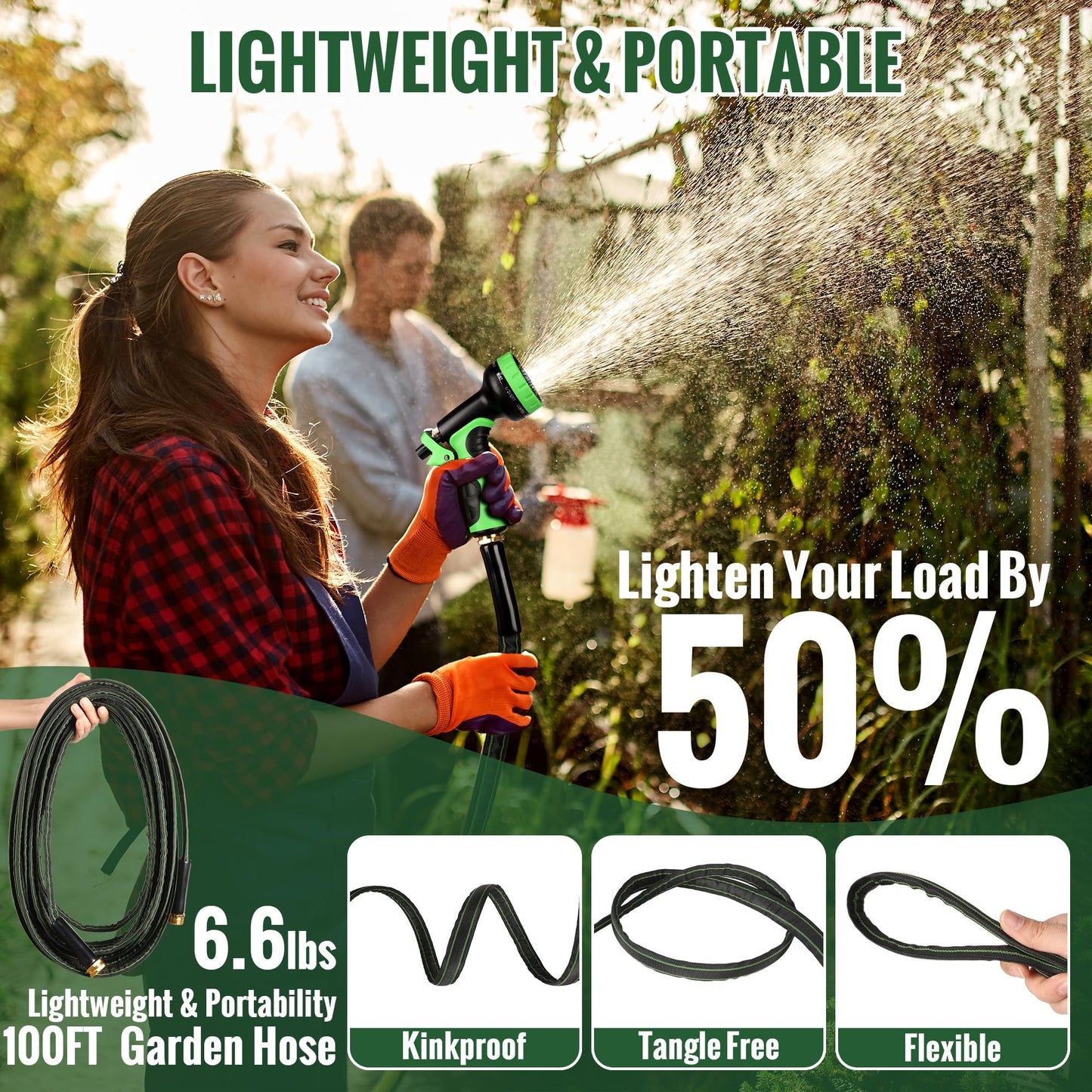 Garden Hose 100ft Flexible Water Hose Non-Expandable High Pressure Kink-Free Leakproof Durable Portable Lightweight Outdoor Yard Lawn Black Fabric Watering Hose with 3/4" Aluminum Fittings