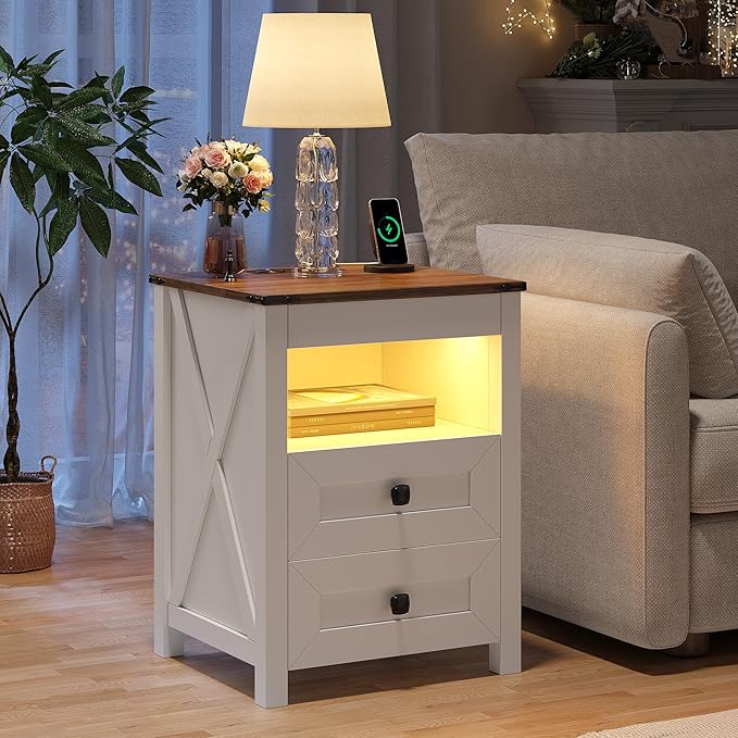 HWB LED Nightstand with Gun Drawer: Bedside Table with Charging Station