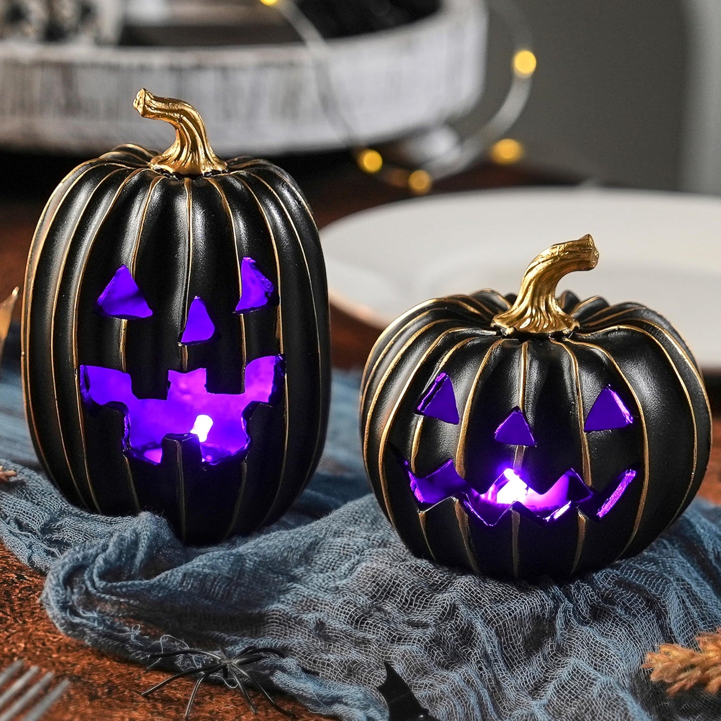 FESTGLOX 2Pcs Light Up Black Pumpkins for Halloween with Gold Lines, Small Jack O Lantern Pumpkins with Purple LED Light, Resin Halloween Pumpkin for Indoor Spooky Decor, Table (Battery Operated)