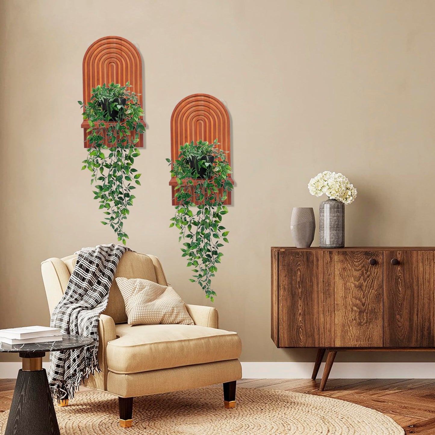 ZELURA 2 Pieces Boho Wall Shelf, Mid Century Shelves, Decorative Storage Unit, Decorative Bohemian Rainbow Hanging Shelves for Bathroom, Bedroom, Kitchen, Living Room, Laundry Room (Brick-Red)