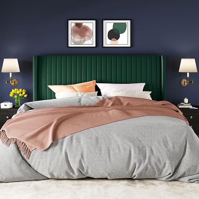 Allewie King Size Bed Frame/Velvet Upholstered Platform Bed/Vertical Channel