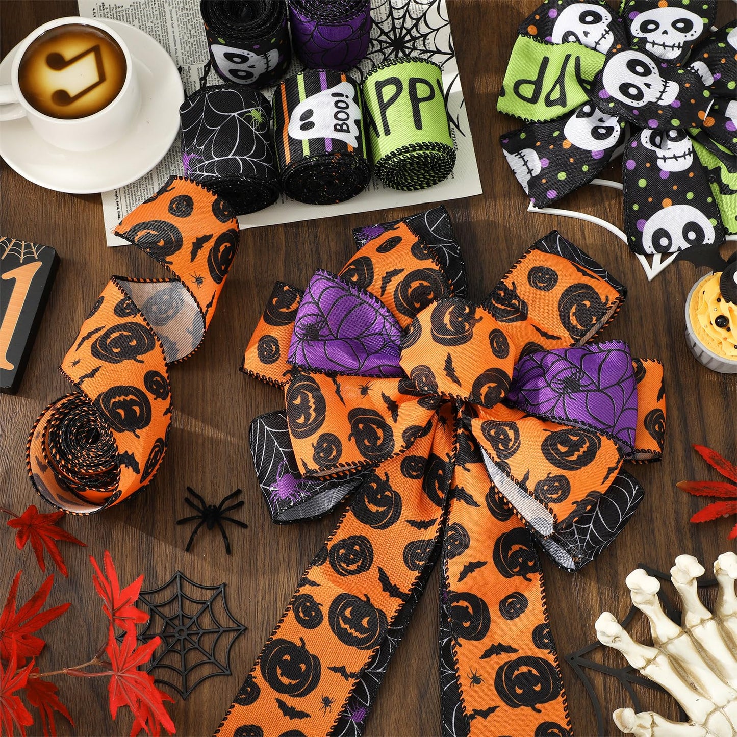 Whaline 6 Roll Happy Halloween Wired Edge Ribbon Ghost Boo Pumpkin Skull Spider Ribbon Colored Fabric Ribbons for Wreath Bow Making DIY Crafts Wrapping, 30 Yard