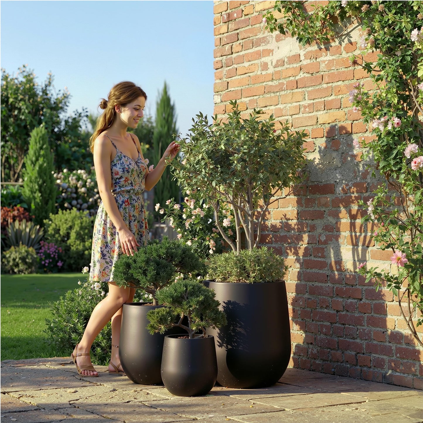 DTY Premium Mt Wilson Tall Tapered Fiberstone Planter for Indoor Outdoor Use, Modern Large Olive Tree Pot with Drainage Hole, Includes 2 Coco Mats. Black, Medium 15'' D x 16.7” H. 11.2” Pot Opening