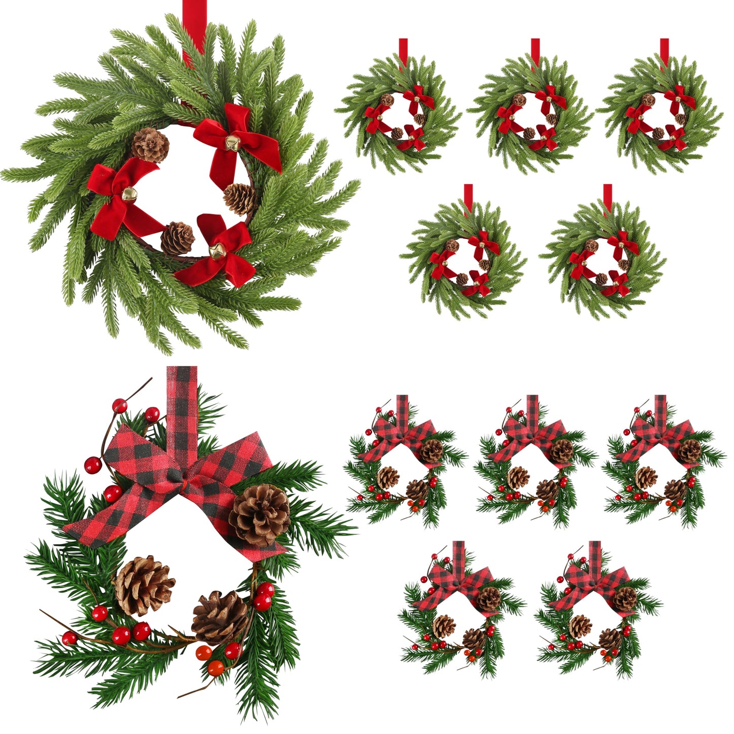 Ogrmar 12 Pcs Mini Christmas Kitchen Cabinet Wreaths with Ribbon, 2 Styles Hanging Christmas Wreath, Small Kitchen Xmas Decoration for Fireplace Kitchen Door Stair Window