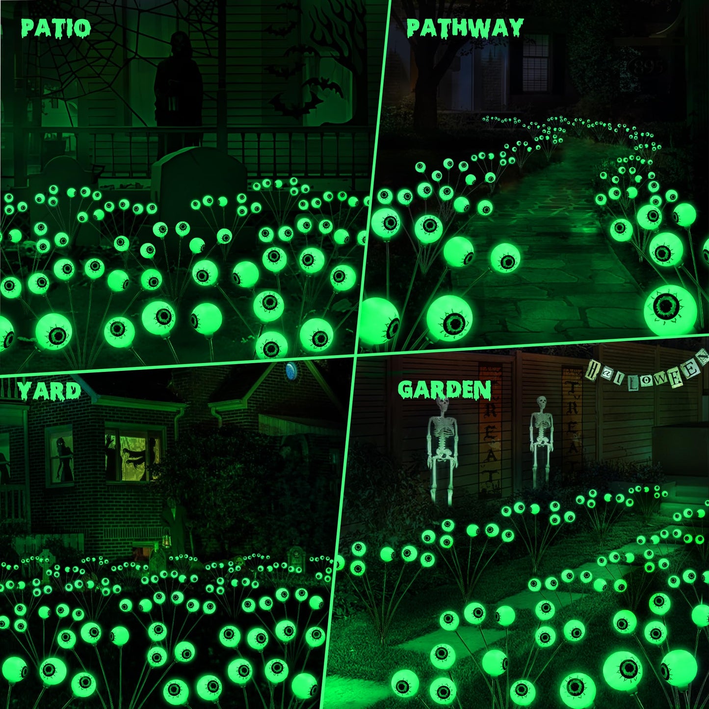 BrizLabs Solar Halloween Lights, 2 Pack 12 LED 2 Modes Halloween Eyeball Lights, Outdoor Pathway Light, Swaying Eye Firefly Walkway Lighting, Green Solar Lighting for Path Yard Garden Lawn