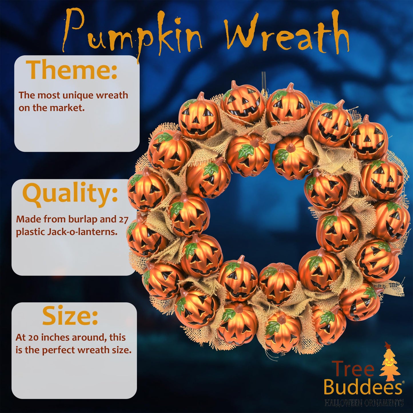 Tree Buddees Jack-O-Lantern Pumpkin Halloween Wreath Decoration