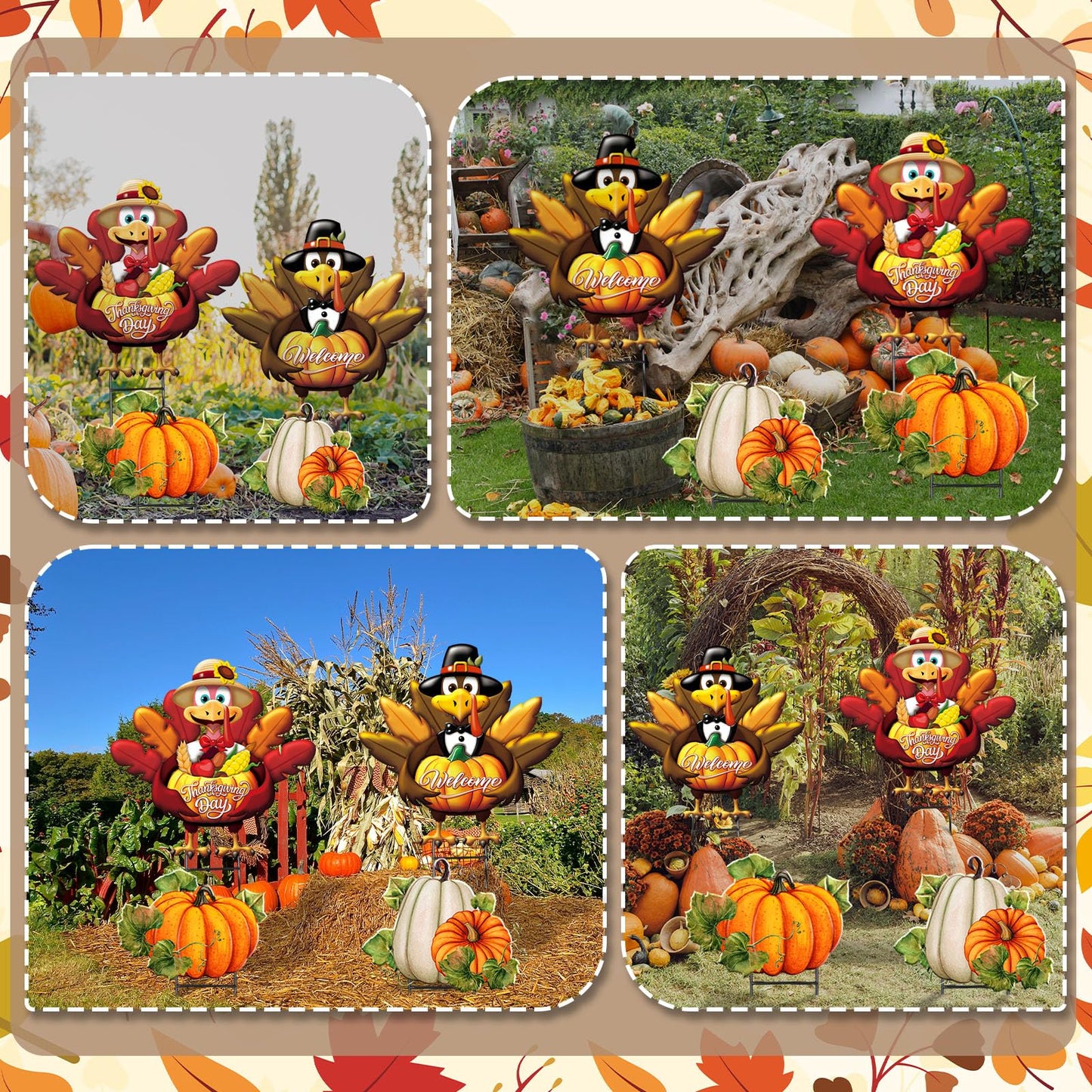 Quzzil 4 Pcs Thanksgiving Turkey Metal Yard Decorations Outdoor Pilgrim Turkey Decorative Garden Stakes With Stakes Large Fall Pumpkin Yard Sign for Thanksgiving Autumn Farmhouse Patio Outdoor