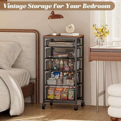Rolling Cart with Drawers, 5-Drawer Storage Cart on Wheels with Vintage Wooden Top, Heavy Duty Metal Utility Cart, Mobile Craft Art Storage Cart for Kitchen, Bathroom, Office, Bedroom, Art Studio