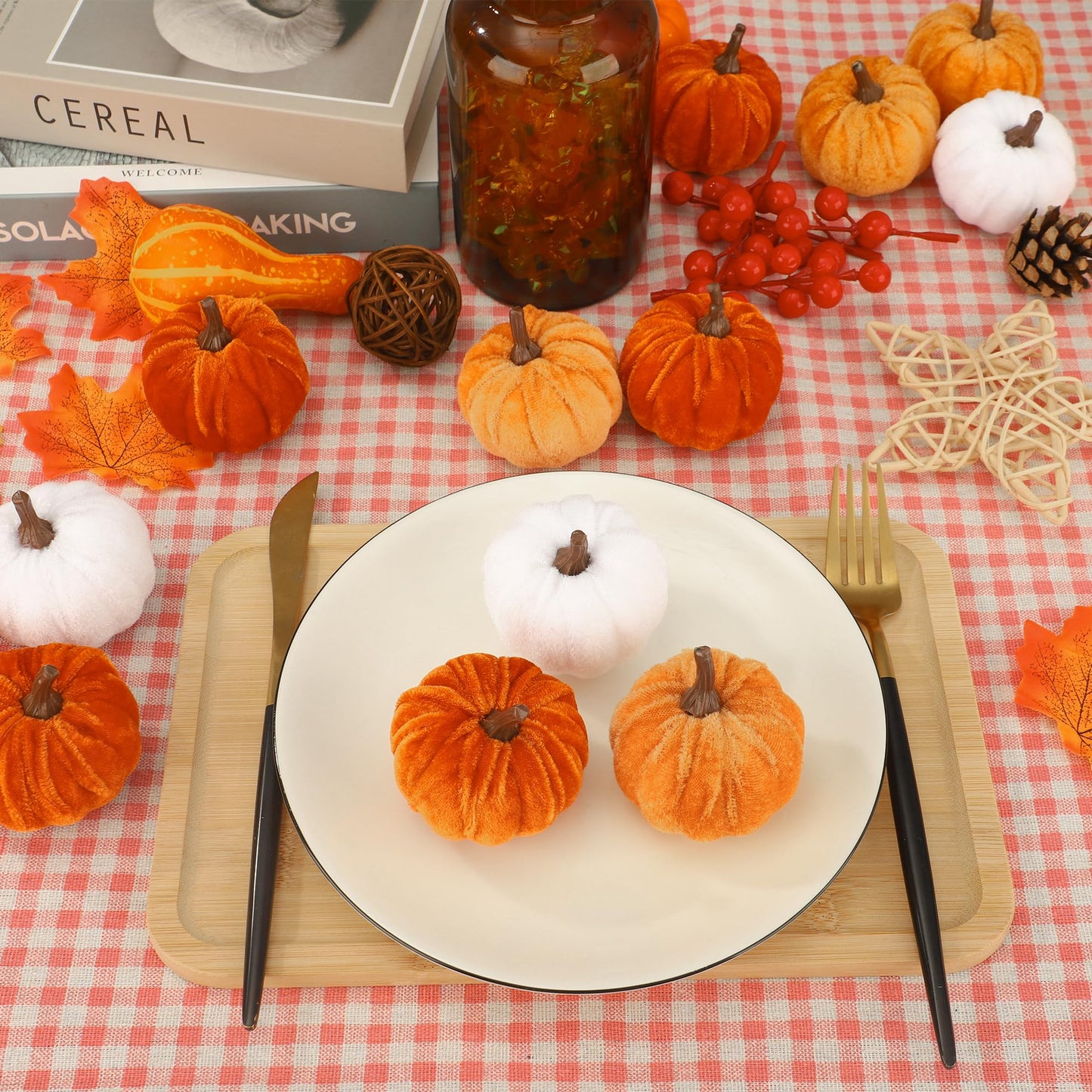 18 Pcs Fall Artificial Velvet Pumpkins Fake Fabric Pumpkin Faux Foam Pumpkins Orange Yellow White Artificial Pumpkin Decorations for Fall Harvest Thanksgiving Halloween Farmhouse Table Centerpiece