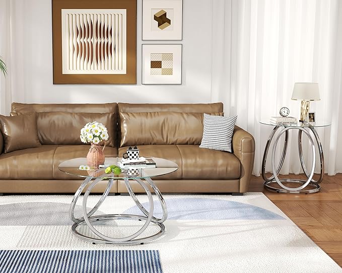 O&K FURNITURE Silver Coffee Table, Modern Glass Coffee Table Living Room Table