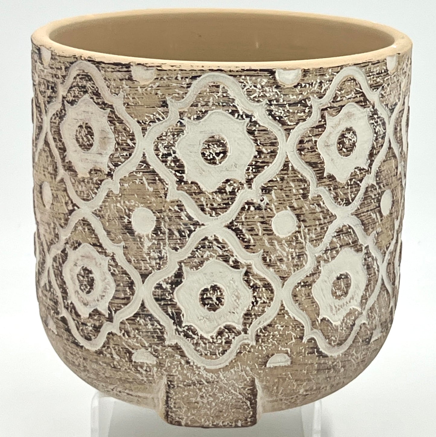 hadaaya Terracotta Pot with Drainage, 5" Round, Ideal for Home Decor, Stylish Small Succulent Pot for Indoor Outdoor Use, Modern Planter - Beige Moroccan Diamond Tile Design