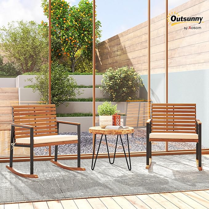 Outsunny Outdoor Rocking Chair Set of 2, Acacia Wood Outdoor Rockers