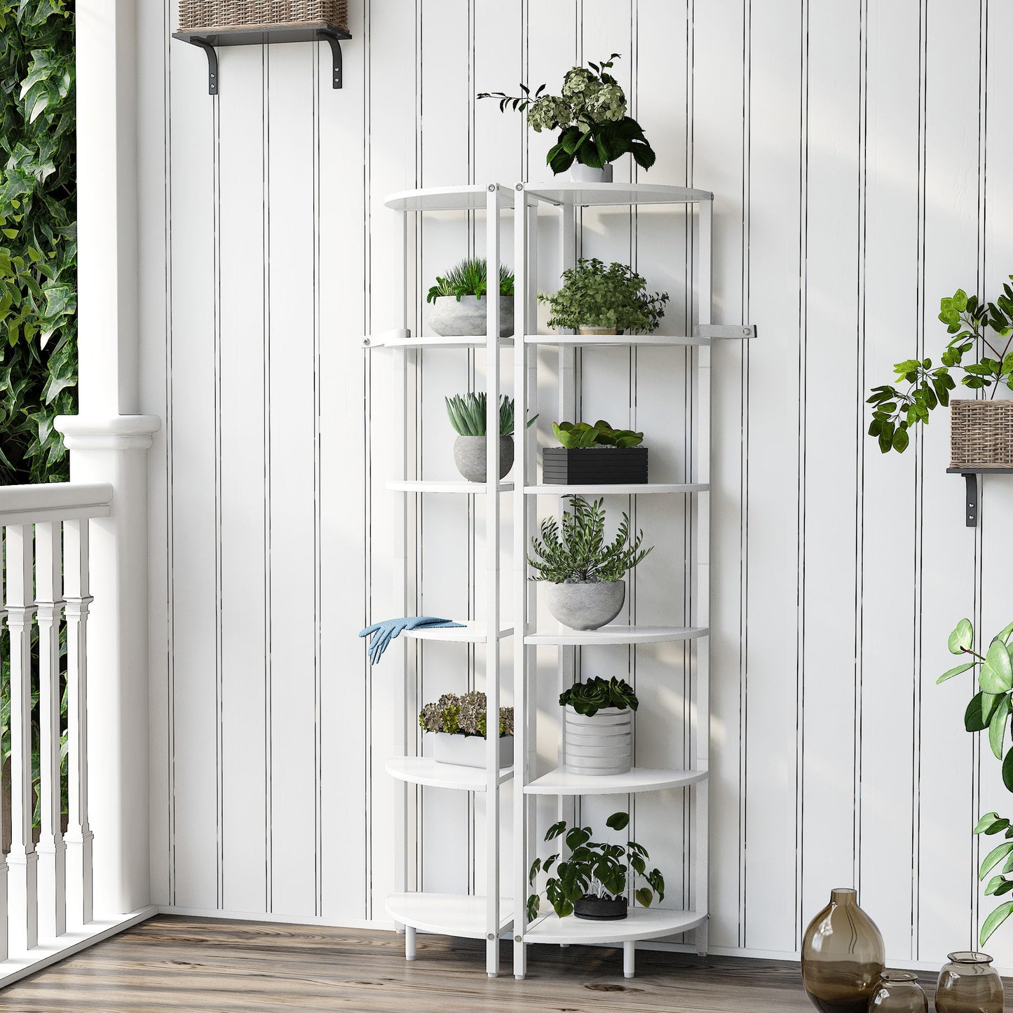 IRCPEN 6 Tier Corner Shelf 63.1" Tall Corner Shelves Stand Ladder Shelf Metal Standing Bookshelf Organizer Display Rack Bookcase Plant Stand Industrial Rustic for Living Room Bedroom White CS-001W1