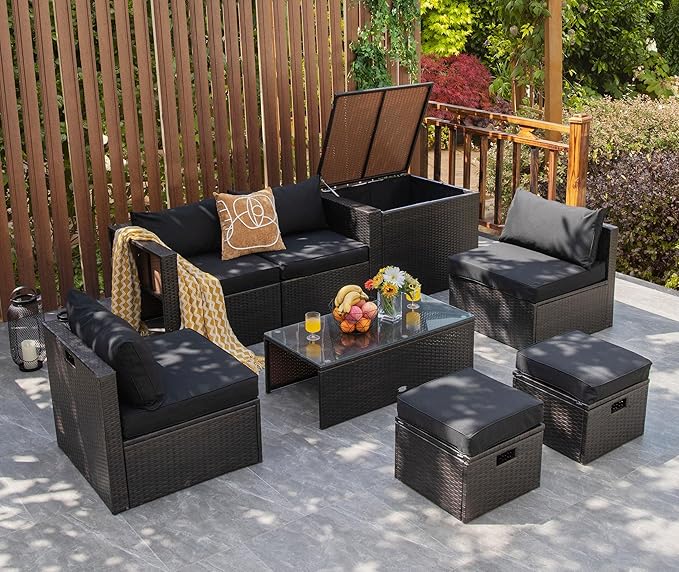 Tangkula 8 Piece Patio Furniture Set, Patiojoy Outdoor Space Saving PE Rattan