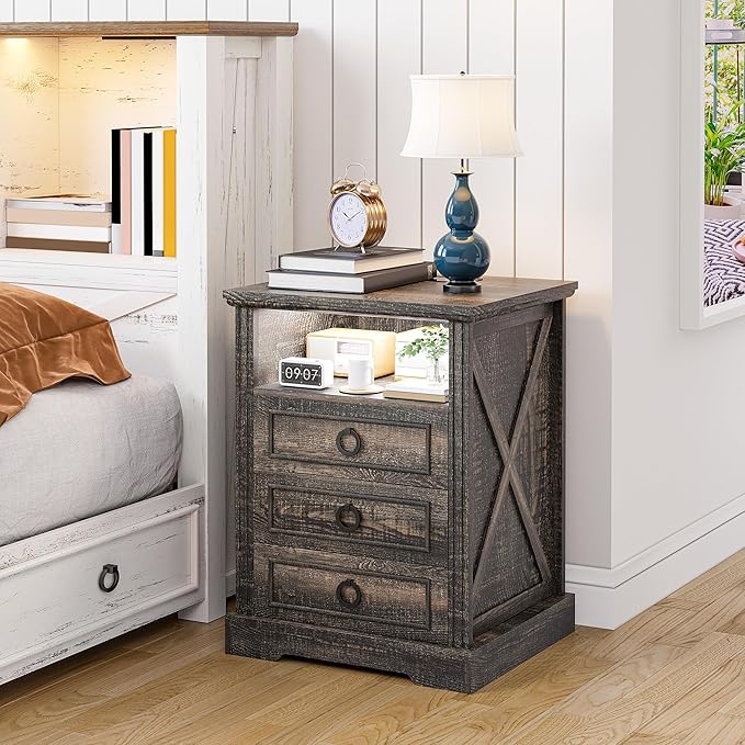Nightstand Set 2 with Charging Station, Farmhouse End Side Table with 3 Drawers