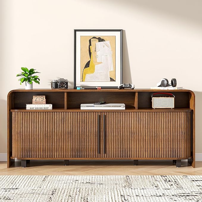 Walnut TV Stand for 65 70 75 Inch TV, Fluted Mid Century Modern TV Console