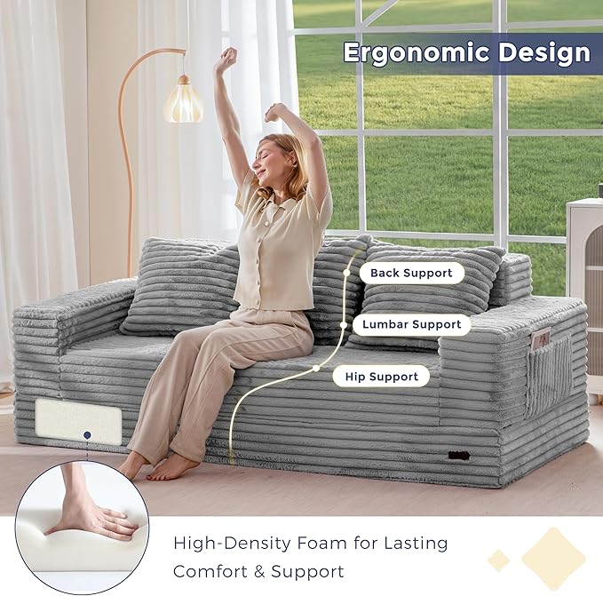 MAXYOYO Loveseat Sofa Bed, Striped Faux Fur Foldable Floor Sofa Couch in A Box