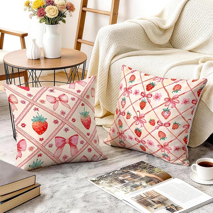 OBSEDE Pink Bow Strawberry Throw Pillow Covers 18 × 18 in, Couch Cushion Cases