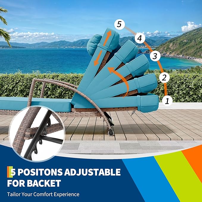 GarveeLife 2-Piece Rattan Patio Folding Chaise Lounge, 5-Position Adjustable
