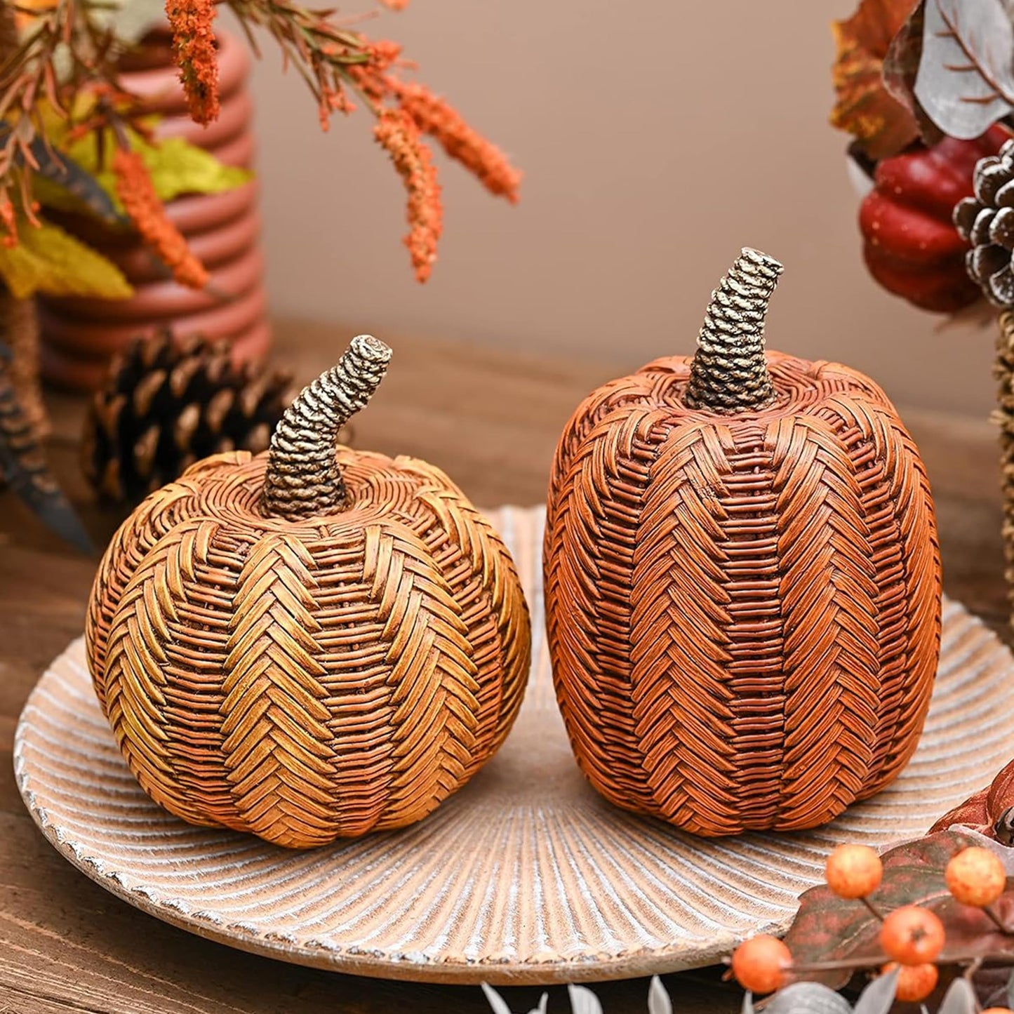Valery Madelyn Thanksgiving Fall Decoration for Home Pumpkin Decor, 2pcs Resin Statue Artificial Rattan Pumpkins Figurine, Autumn Harvest Halloween Table Centerpieces, 6.2 inch