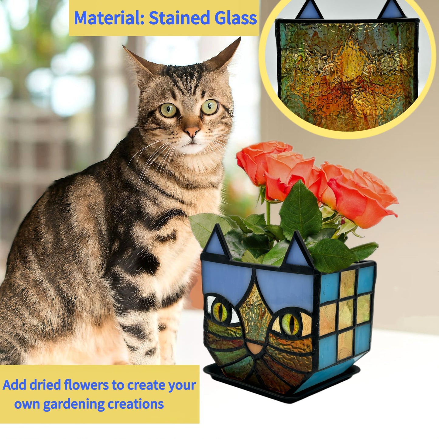 Entlityful Tiffany Style Stained Glass Cat Flower Pots with Drainage,Funny Blue Cat Planter,Cute Garden Pots,Flower Pots for Indoor Plants,Gifts for Plant Lovers,4.6x3x5.15 in