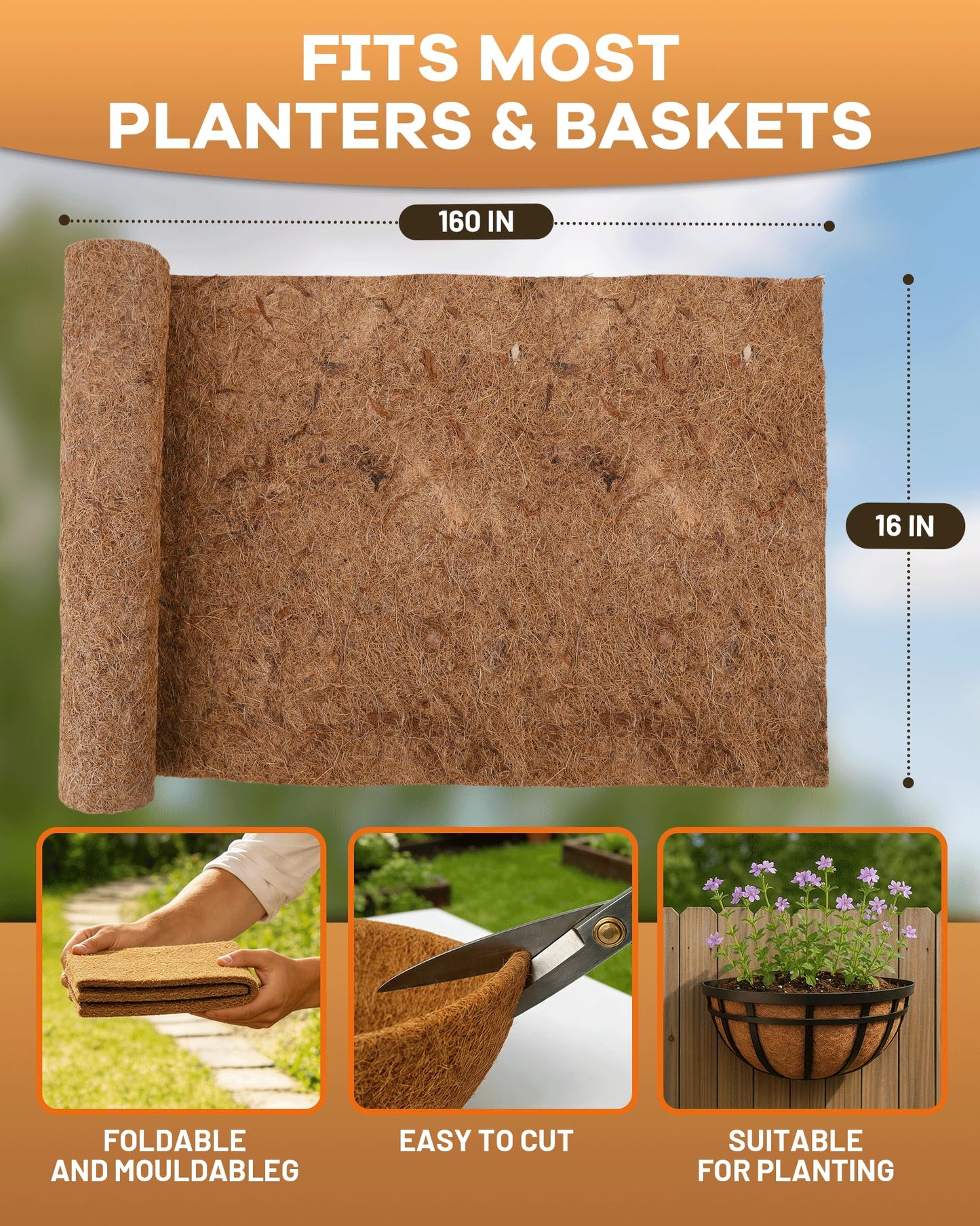 gardmate Coco Liners for Planters - Thick Coconut Fiber, Pre-Drained Planter Liner, Reptile Bedding & Garden Mat | 100% Natural & Biodegradable Coconut Coir for Plants (16" x 160")