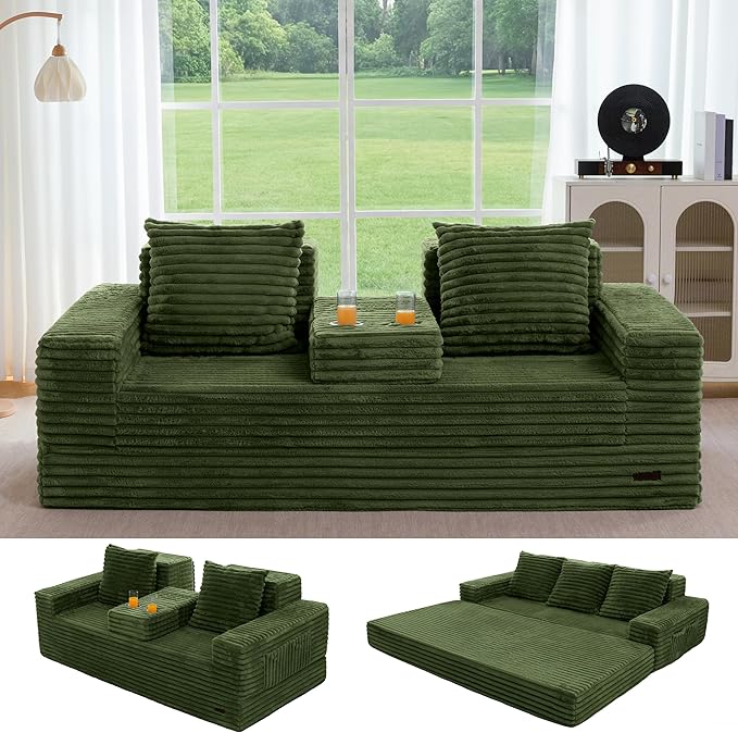 MAXYOYO Loveseat Sofa Bed, Striped Faux Fur Foldable Floor Sofa Couch in A Box