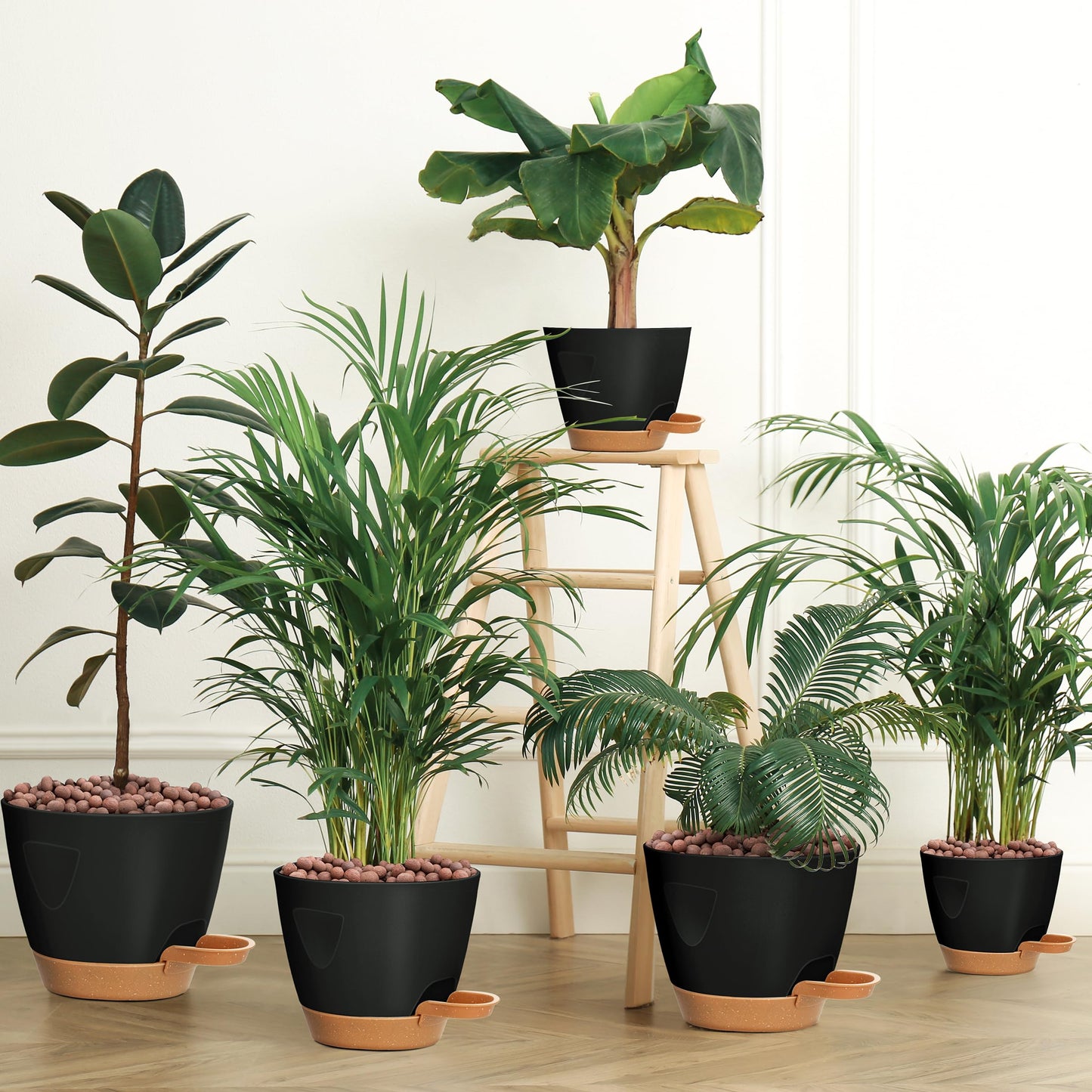 5-Pack Plant Pots with Drainage 7/6.5/6/5.5/5 Inch Self Watering Pots for Indoor Outdoor Plants, Plastic Flower Pots with Drainage Holes and Removable Saucers, Plant Pots with Wicking Rope (Black)