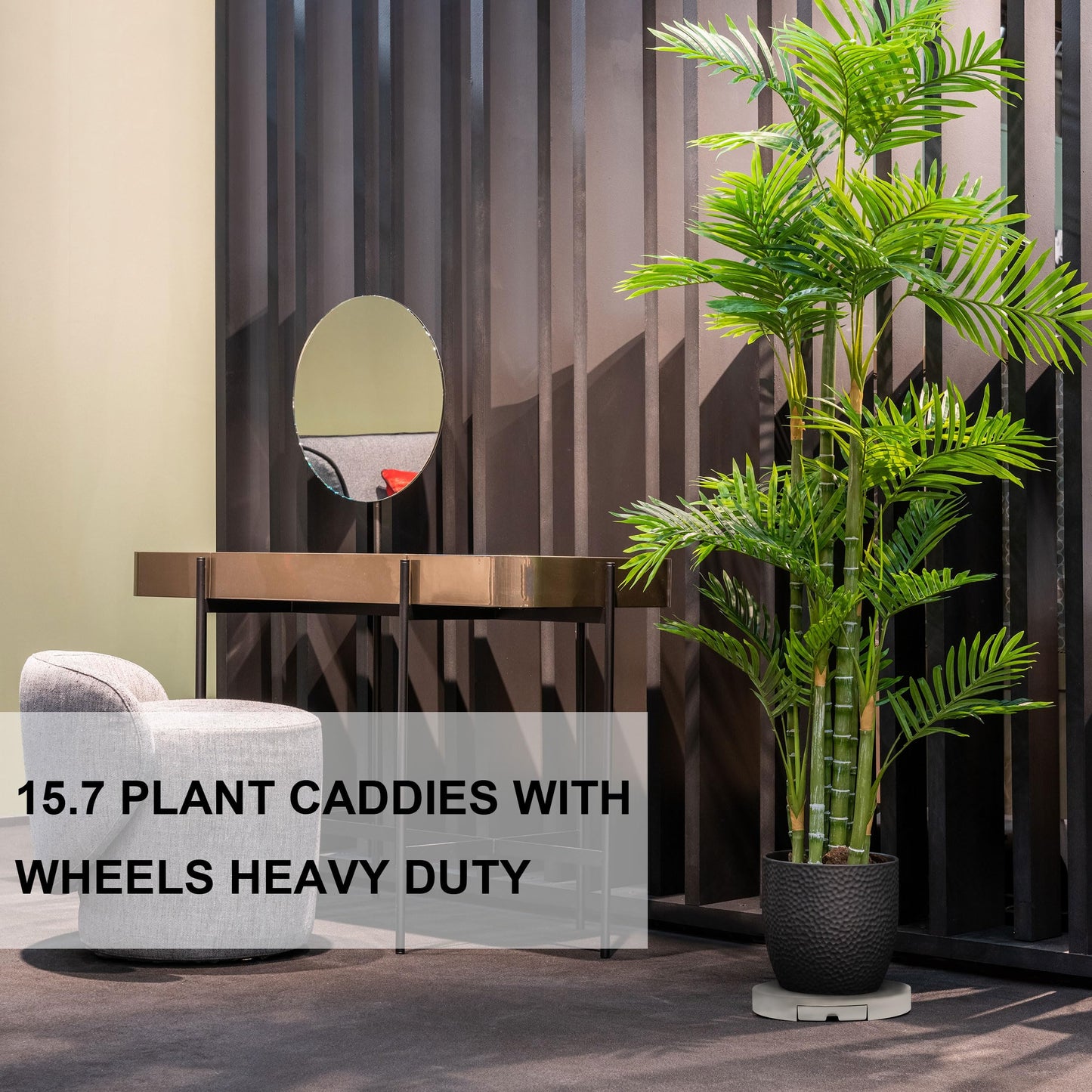 AMKOSKR 15.7 inch Plant Caddy with Wheels Heavy Duty, Movable Round Rolling Plant Stand Plant Dolly with Invisible Wheels and Water Drawer