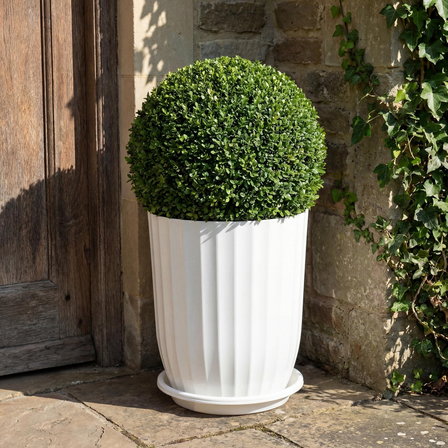 Briwooody 2 Pcs Tall Planter 12.6" Large Round Plastic Plant Pots with Drainage Hole and Tray White Modern Planter for Indoor Outdoor Plants Home Office Kitchen Bedroom Living Room Porch Patio Decor