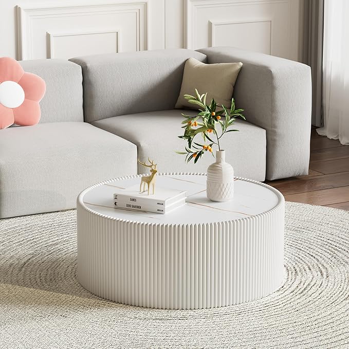 White Marble Round Coffee Table, 29.52" Fluted Coffee Table