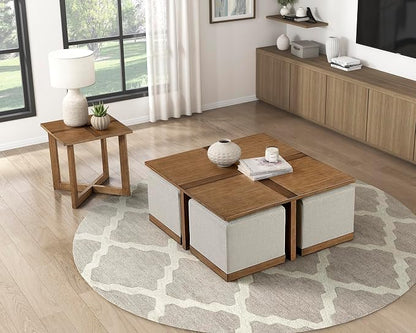 Lexicon 44" Square Coffee Table with 4 Upholstered Stools, Maple Veneer Wood Cocktail Table, Gray Upholstered Stools with Casters, Modern Living Room/Apartment Centerpiece, Full Assembled, Brown