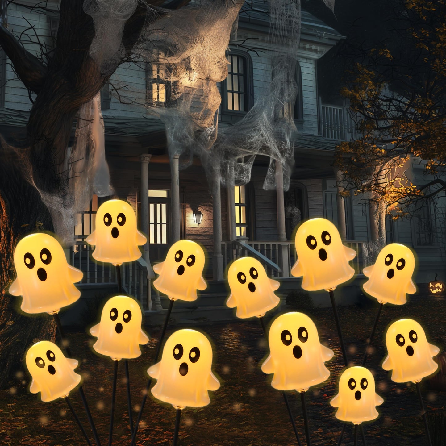 JOYIN Halloween Decorations Outdoor Solar Cute Ghost Lights, 2 Pcs 12LEDs Solar Powered Hovering Ghost Yard Stakes, Cute LED Pathway Lights Decor for Halloween Graveyard Garden Yard Patio Lawn